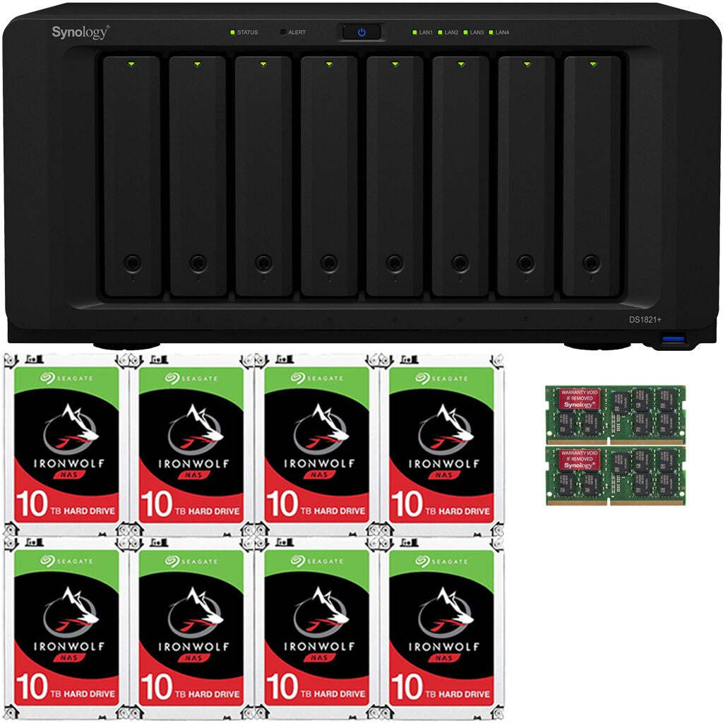 Synology DS1821+ 8-BAY DiskStation with 16GB Synology RAM and 80TB (8x10TB) Seagate Ironwolf NAS Drives Fully Assembled and Tested