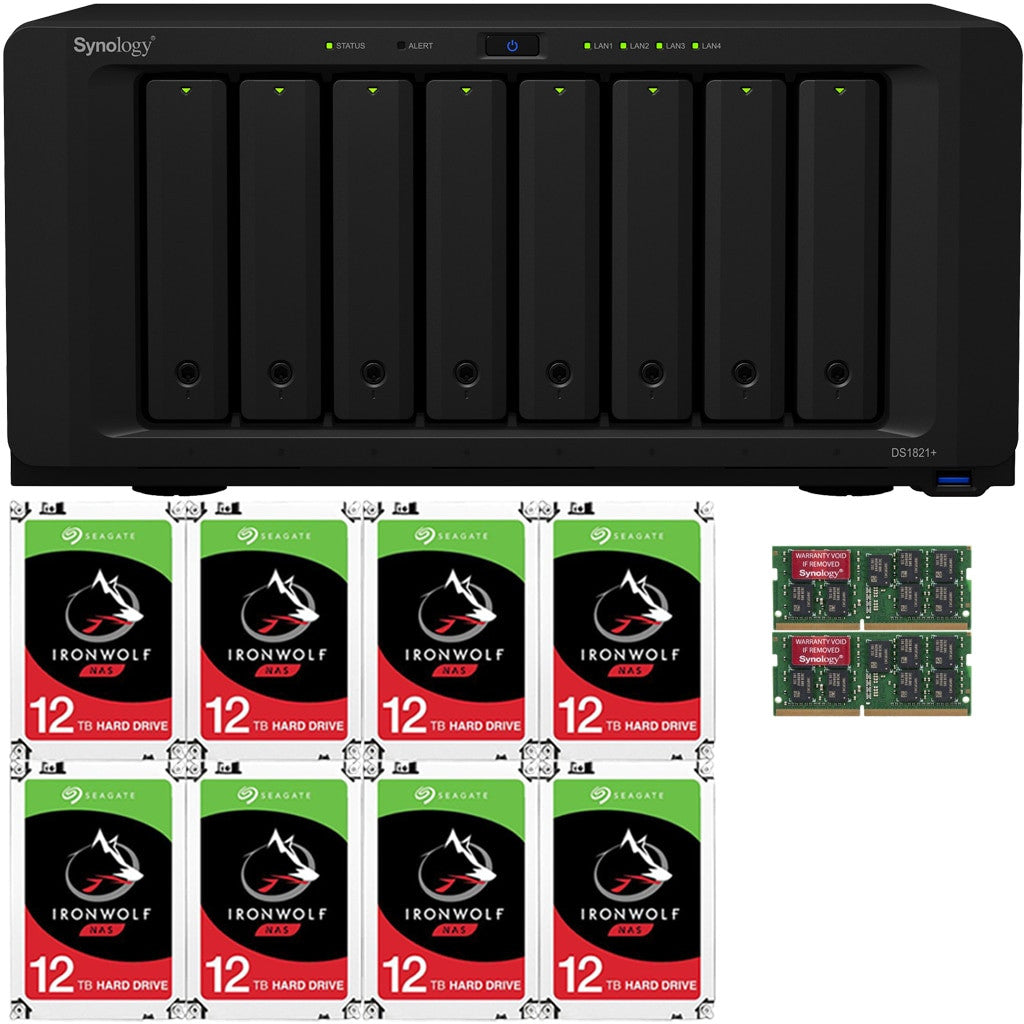 Synology DS1821+ 8-BAY DiskStation with 16GB Synology RAM and 96TB (8x12TB) Seagate Ironwolf NAS Drives Fully Assembled and Tested