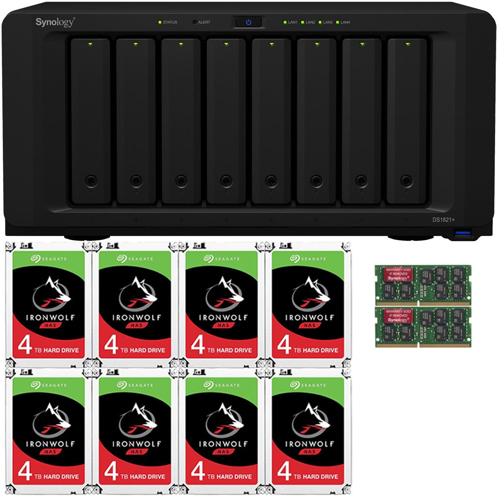 Synology DS1821+ 8-BAY DiskStation with 32GB Synology RAM and 32TB (8x4TB) Seagate Ironwolf NAS Drives Fully Assembled and Tested