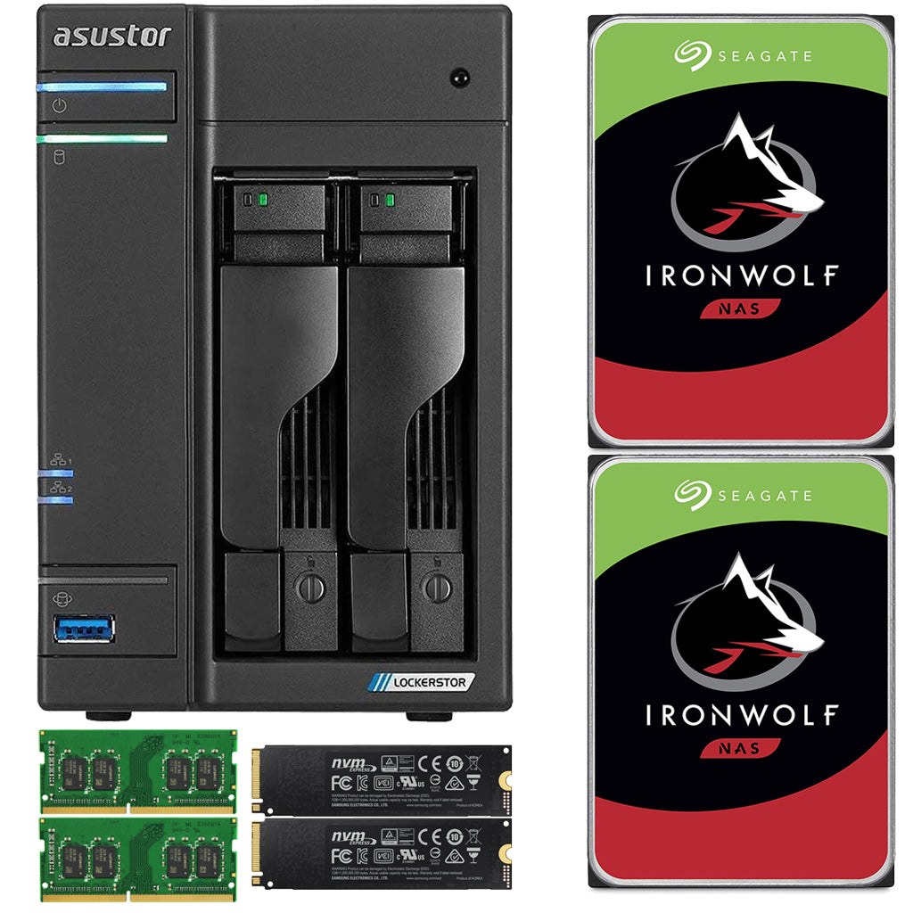 Asustor AS6602T 2-Bay Lockerstor 2 NAS with 8GB RAM 2TB (2 x 1TB) NVME CACHE and 16TB (2x8TB) Seagate Ironwolf NAS Drives