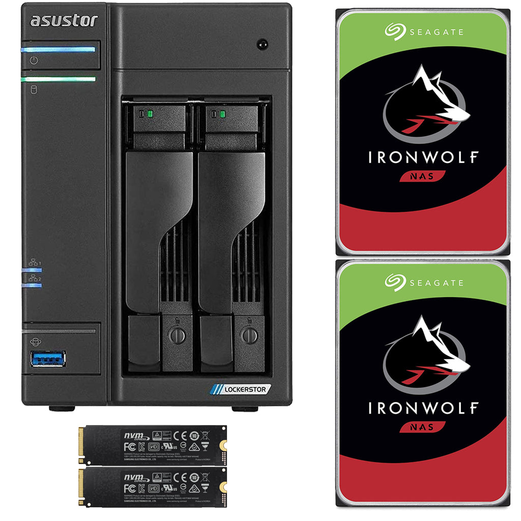 Asustor AS6602T 2-Bay Lockerstor 2 NAS with 4GB RAM 2TB (2 x 1TB) NVME CACHE and 12TB (2x6TB) Seagate Ironwolf NAS Drives
