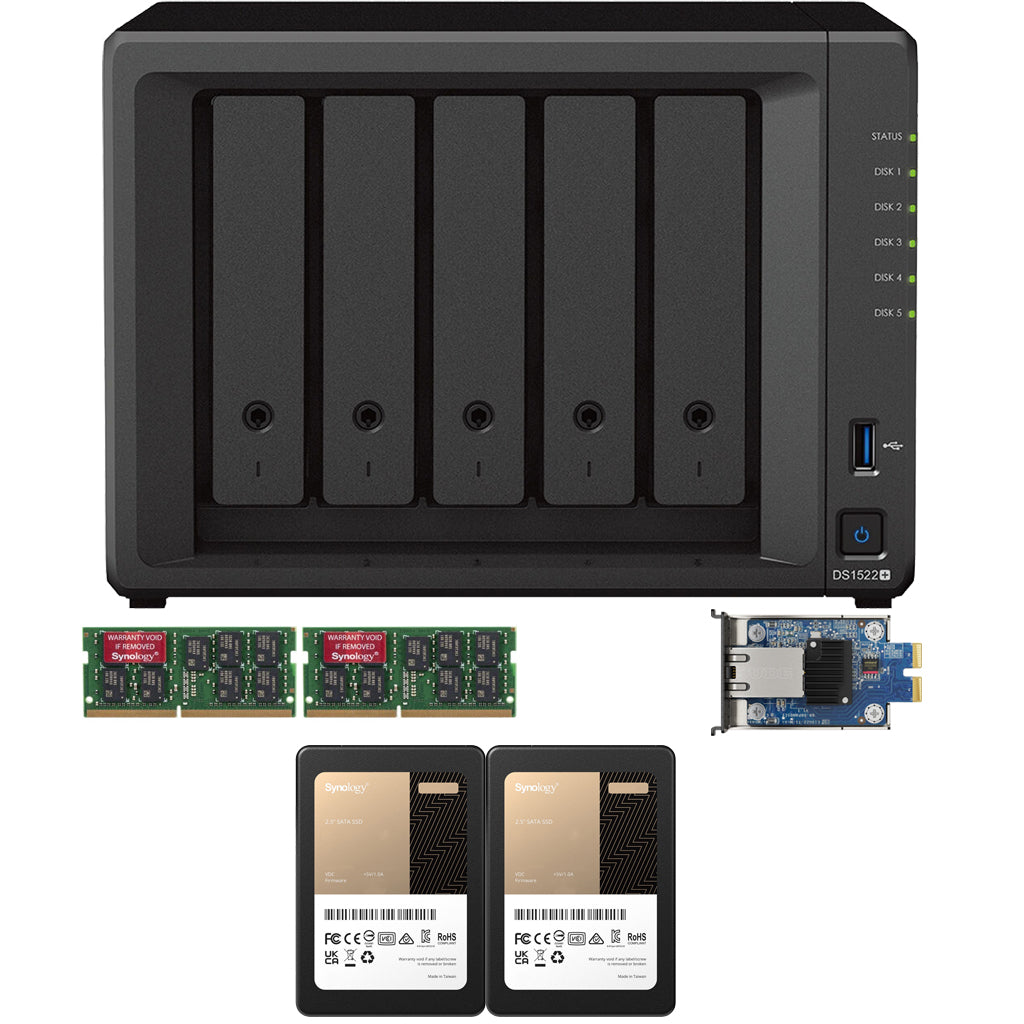 Synology DS1522+ 5-BAY DiskStation with 32GB RAM, E10G22-T1-Mini 10GbE Card, and 7.68TB (2x3.84GB) Synology Enterprise SSDs Fully Assembled and Tested