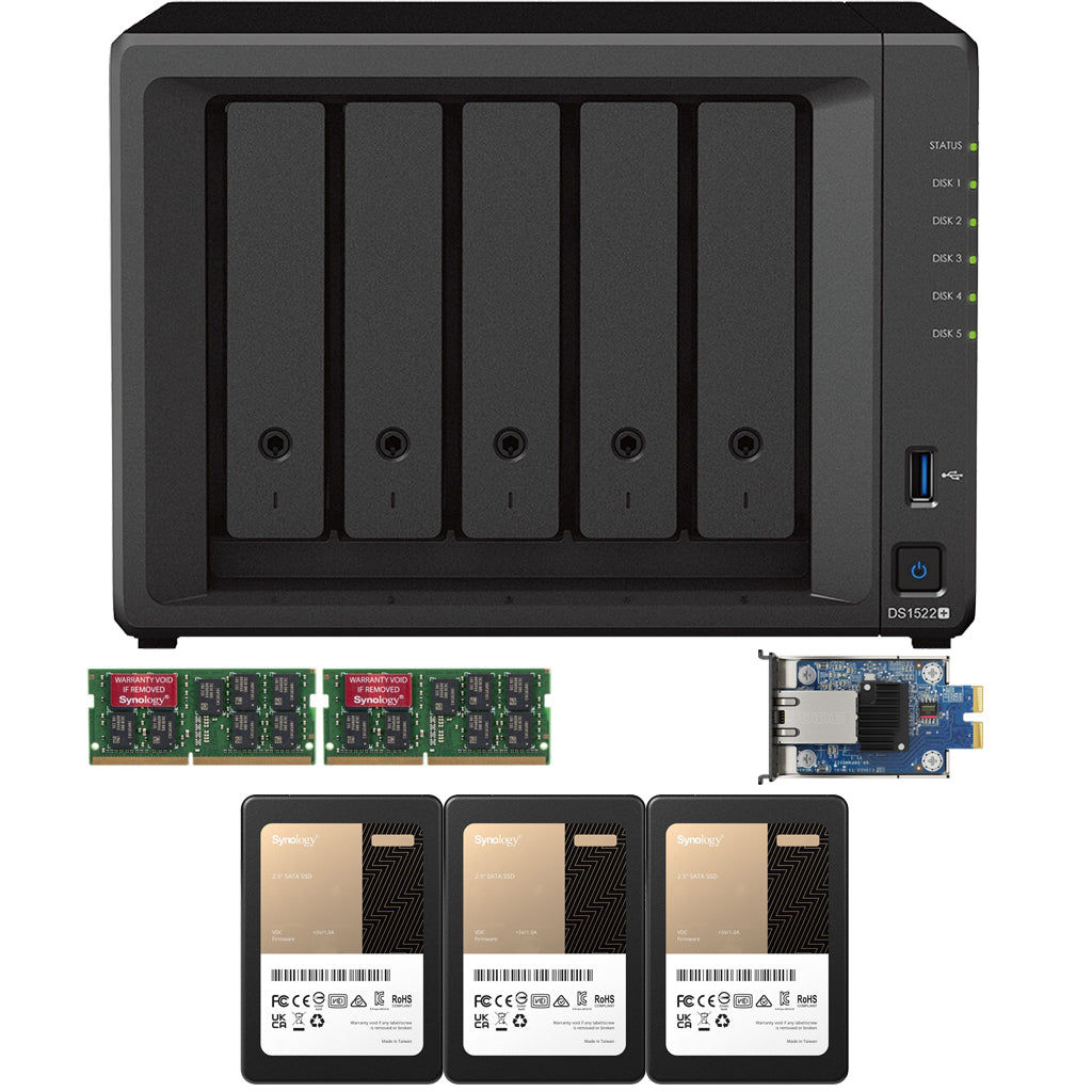 Synology DS1522+ 5-BAY DiskStation with 32GB RAM, E10G22-T1-Mini 10GbE Card, and 11.52TB (3x3.84GB) Synology Enterprise SSDs Fully Assembled and Tested