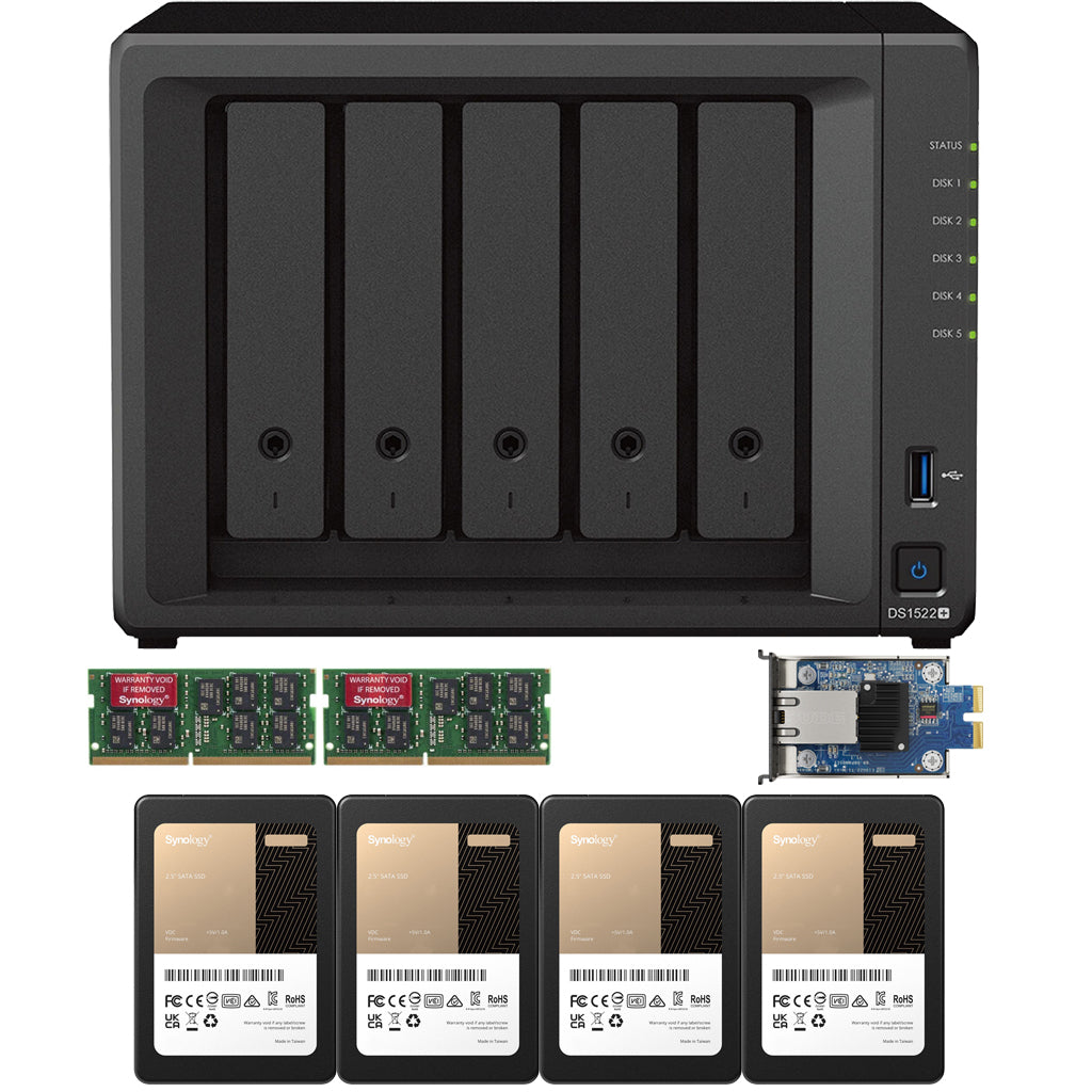Synology DS1522+ 5-BAY DiskStation with 16GB RAM, E10G22-T1-Mini 10GbE Card, and 7.68TB (4x1.92GB) Synology Enterprise SSDs Fully Assembled and Tested
