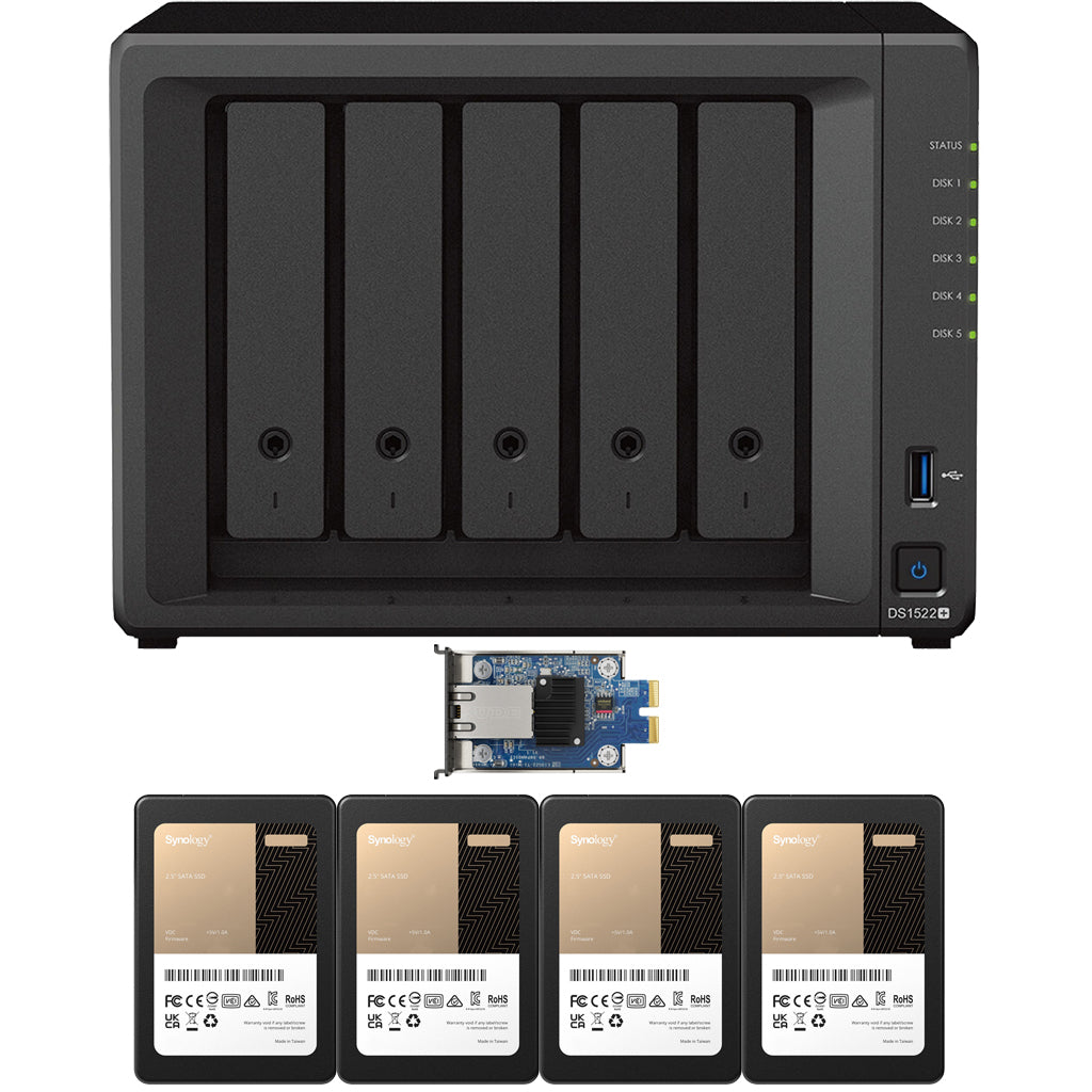 Synology DS1522+ 5-BAY DiskStation with 8GB RAM, E10G22-T1-Mini 10GbE Card, and 15.36TB (4x3.84GB) Synology Enterprise SSDs Fully Assembled and Tested