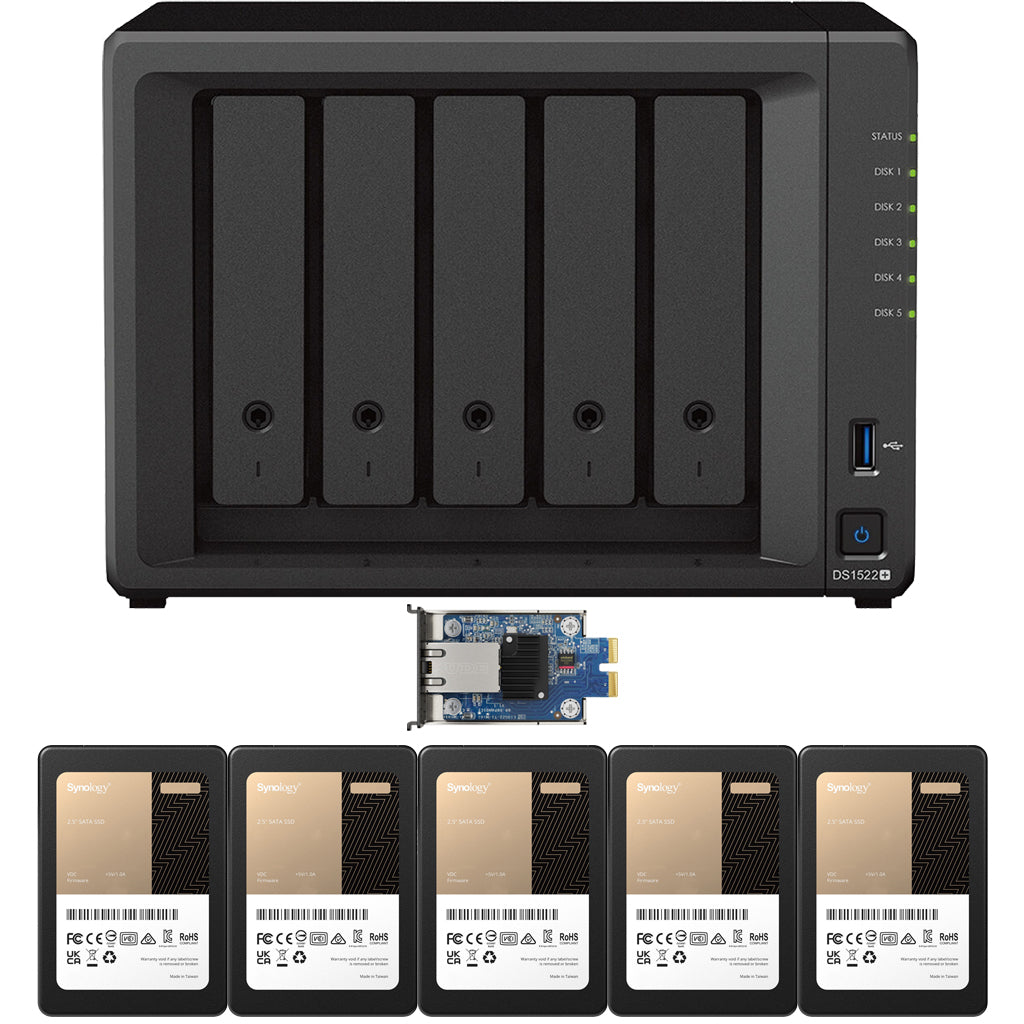 Synology DS1522+ 5-BAY DiskStation with 8GB RAM, E10G22-T1-Mini 10GbE Card, and 9.6TB (5x1.92GB) Synology Enterprise SSDs Fully Assembled and Tested