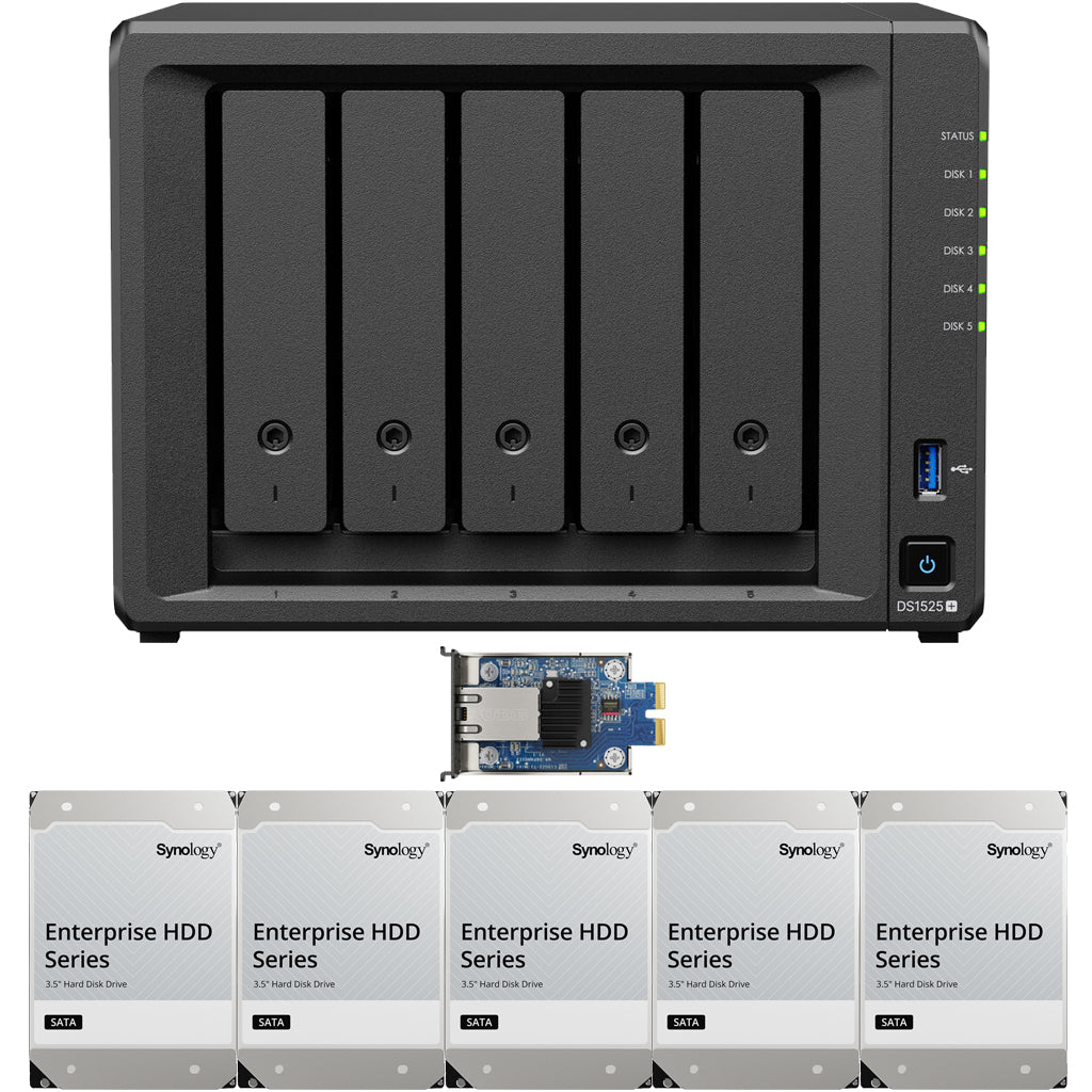 Synology DS1525+ 5-BAY DiskStation with 10GbE Adapter, ECC RAM, Synology Enterprise NAS Drives, and Synology Cache  (All Configurable)