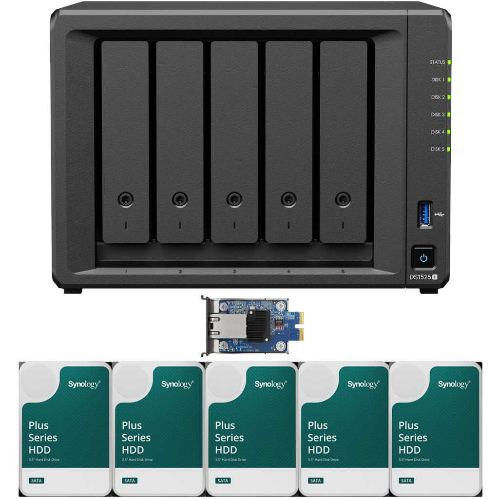 Synology DS1525+ 5-BAY DiskStation with 10GbE Adapter, ECC RAM, Synology Plus NAS Drives, and Synology Cache  (All Configurable)