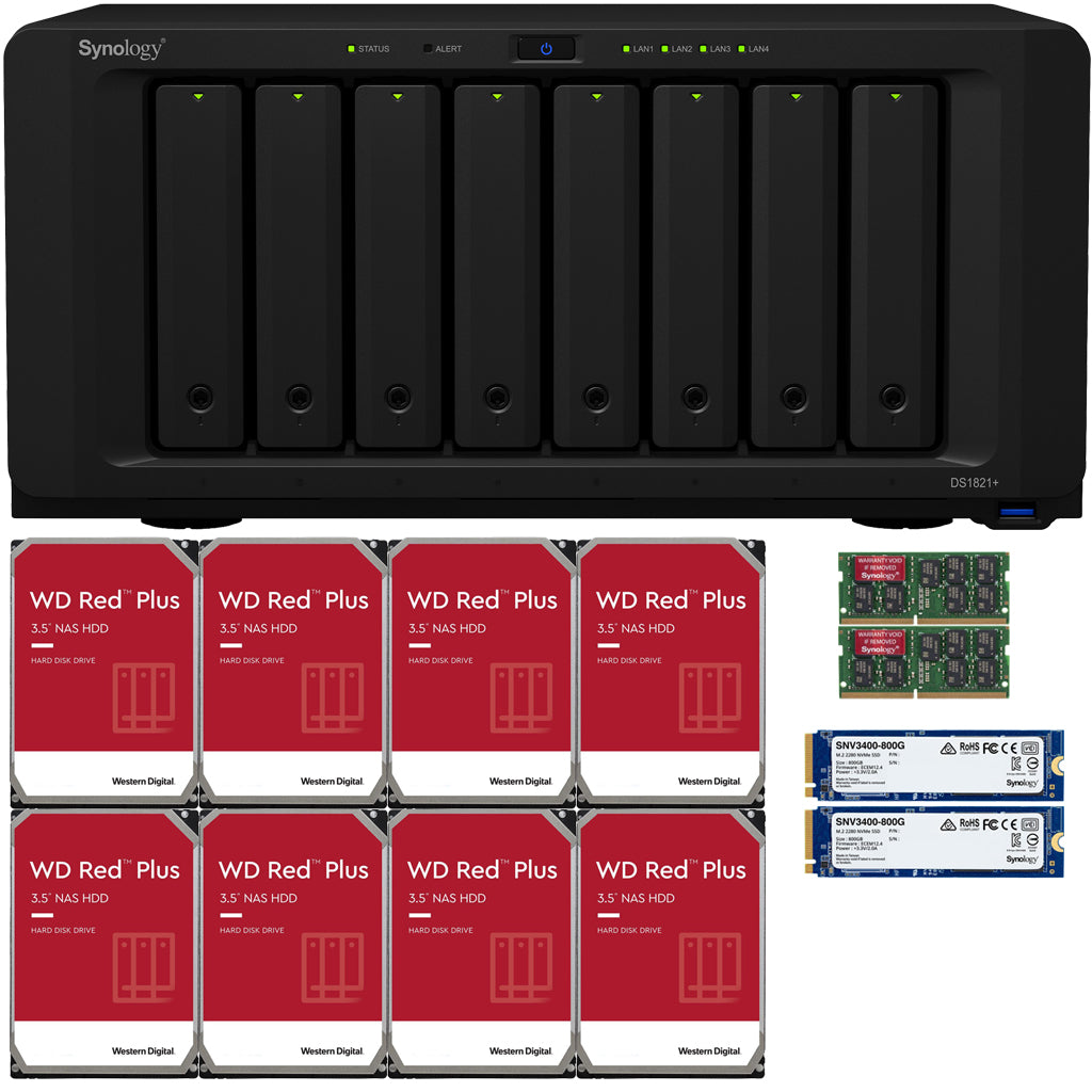 Synology DS1821+ 8-BAY DiskStation with 32GB Synology RAM 1.6TB (2x800GB) Synology Cache and 96TB (8x12TB) Western Digital RED PLUS Drives Fully Assembled and Tested (Copy)