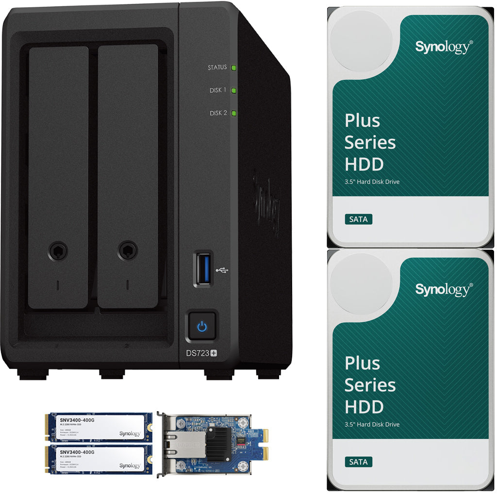 Synology DS723+ 2-Bay NAS, 2GB RAM, 10GbE Adapter, 800GB (2x400GB) Cache, 16TB (2 x 8TB) of Synology Plus NAS Drives Fully Assembled and Tested