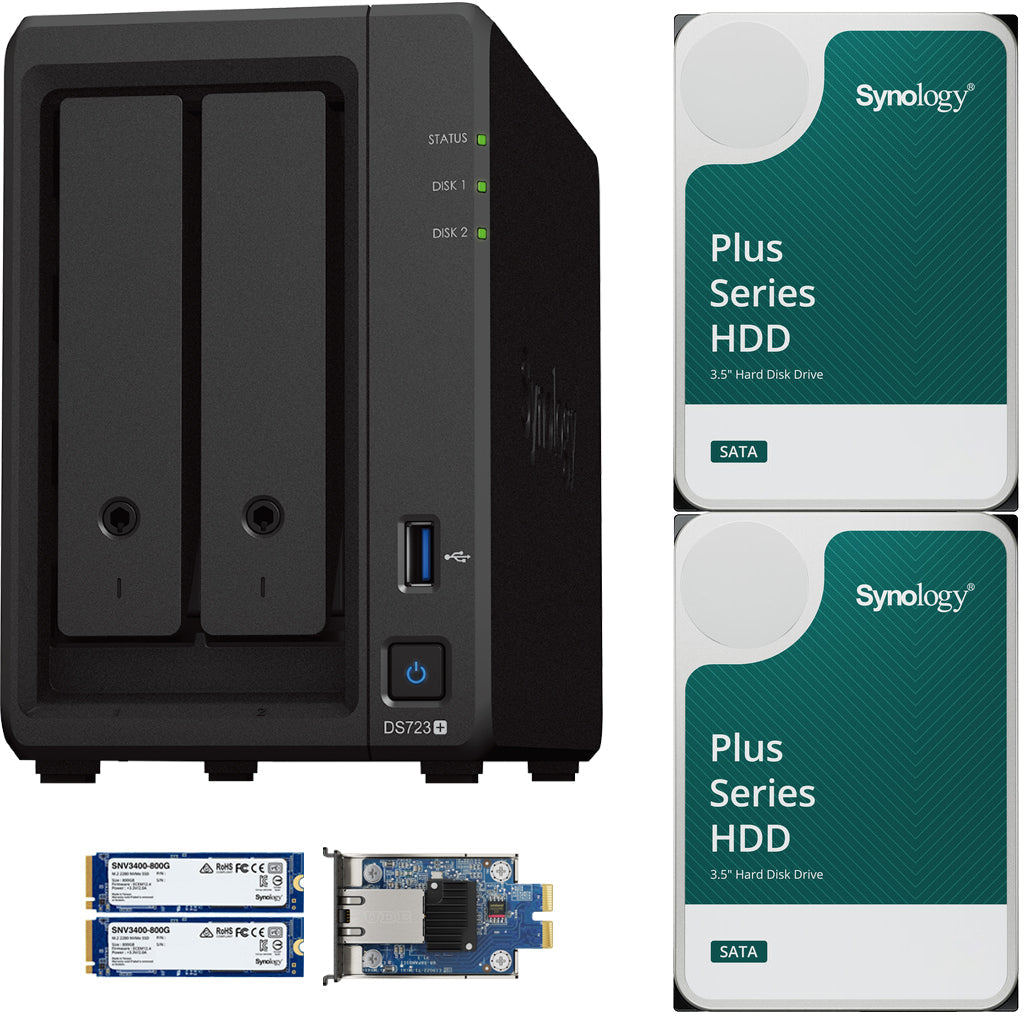 Synology DS723+ 2-Bay NAS, 2GB RAM, 10GbE Adapter, 1.6TB (2x800GB) Cache, 16TB (2 x 8TB) of Synology Plus NAS Drives Fully Assembled and Tested