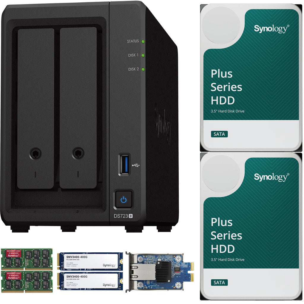 Synology DS723+ 2-Bay NAS, 8GB RAM, 10GbE Adapter, 800GB (2x400GB) Cache, 32TB (2 x 16TB) of Synology Plus NAS Drives Fully Assembled and Tested