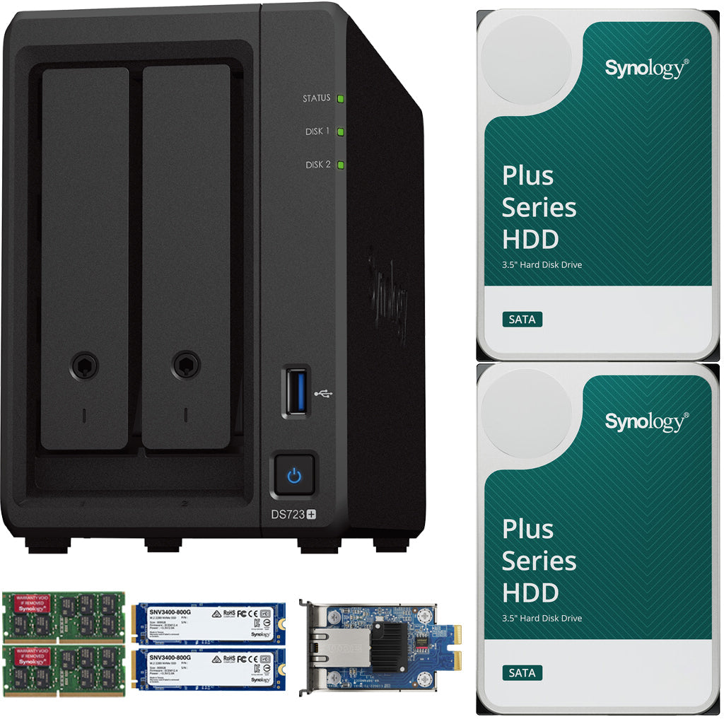 Synology DS723+ 2-Bay NAS, 16GB RAM, 10GbE Adapter, 1.6TB (2x800GB) Cache, 32TB (2 x 16TB) of Synology Plus NAS Drives Fully Assembled and Tested