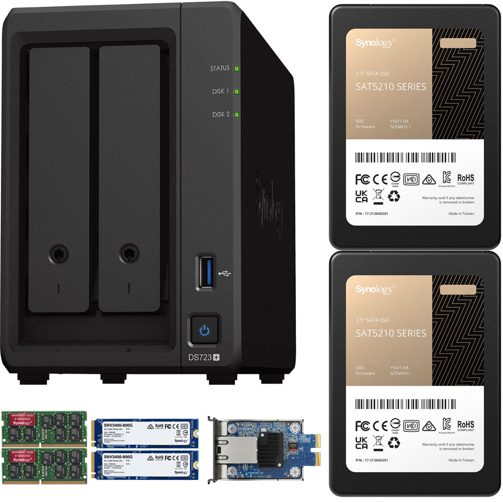 Synology DS723+ 2-Bay NAS, 8GB RAM, 10GbE Adapter, 1.6TB (2x800GB) Cache, 3.84TB (2 x 1.92TB) of Synology Enterprise SSDs Fully Assembled and Tested