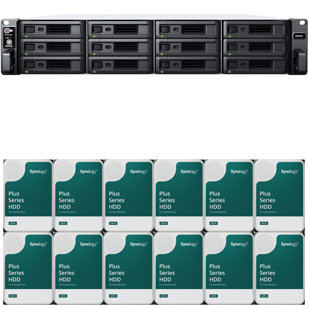 Synology RS2423+ 12-BAY RackStation with FULLY COMPATIBLE ECC RAM, Synology Plus NAS Drives, and Synology Cache (All Configurable)