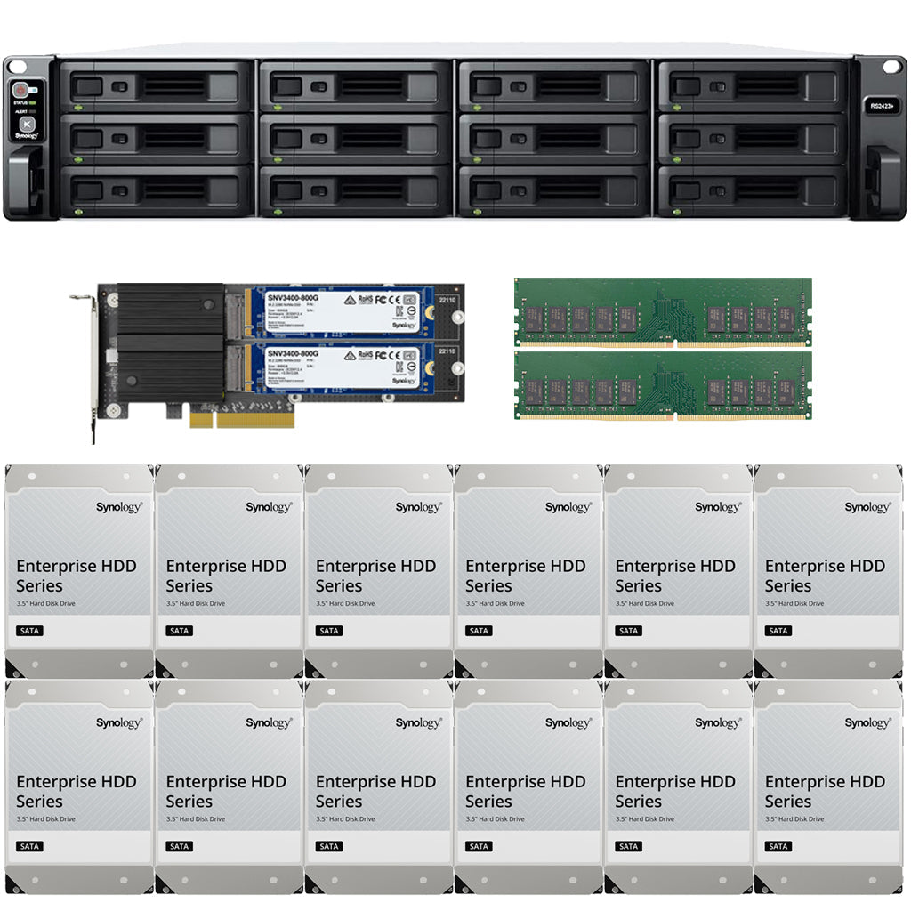 Synology RS2423+ 12-BAY RackStation with 32GB RAM, 1.6TB (2 x 800GB) Cache,  and 216TB (12 x 18TB) of Synology Enterprise Drives