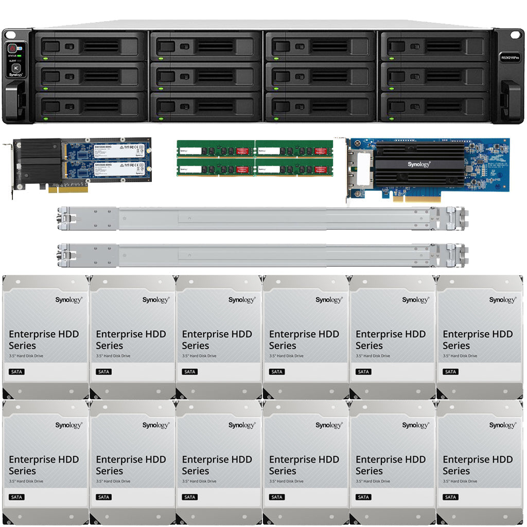 Synology RS3621RPxs RackStation with 64GB RAM, E10G30-T2 10GbE Card, 1.6TB (2x800GB) Cache, RKS-02 Rail Kit & 144TB (12 x 12TB) of Synology Enterprise Drives Fully Assembled and Tested