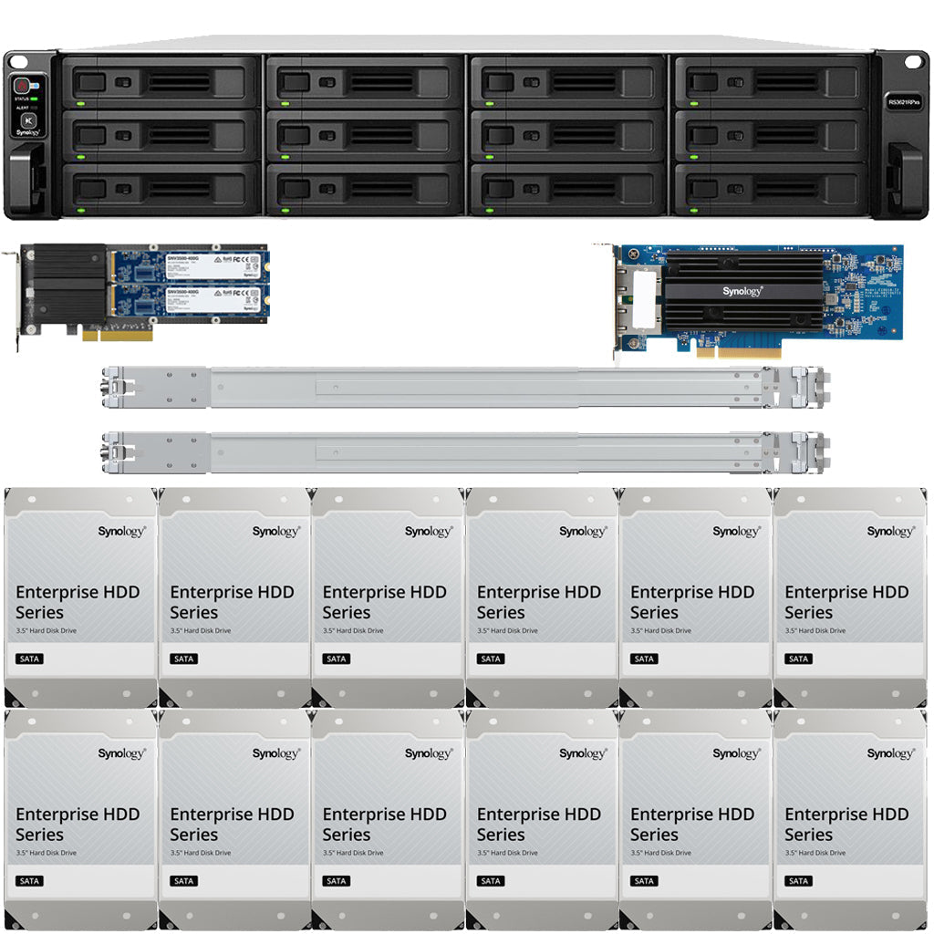 Synology RS3621RPxs RackStation with 8GB RAM, E10G30-T2 10GbE Card, 1.6TB (2x800GB) Cache, RKS-02 Rail Kit & 96TB (12 x 8TB) of Synology Enterprise Drives Fully Assembled and Tested