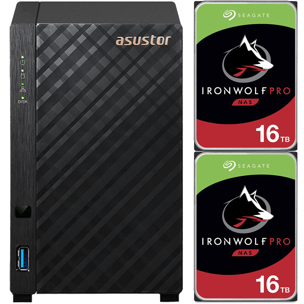 Asustor AS1102T 2-Bay Drivestor 2 NAS with 1GB RAM and 32TB (2x16TB) Seagate Ironwolf PRO Drives