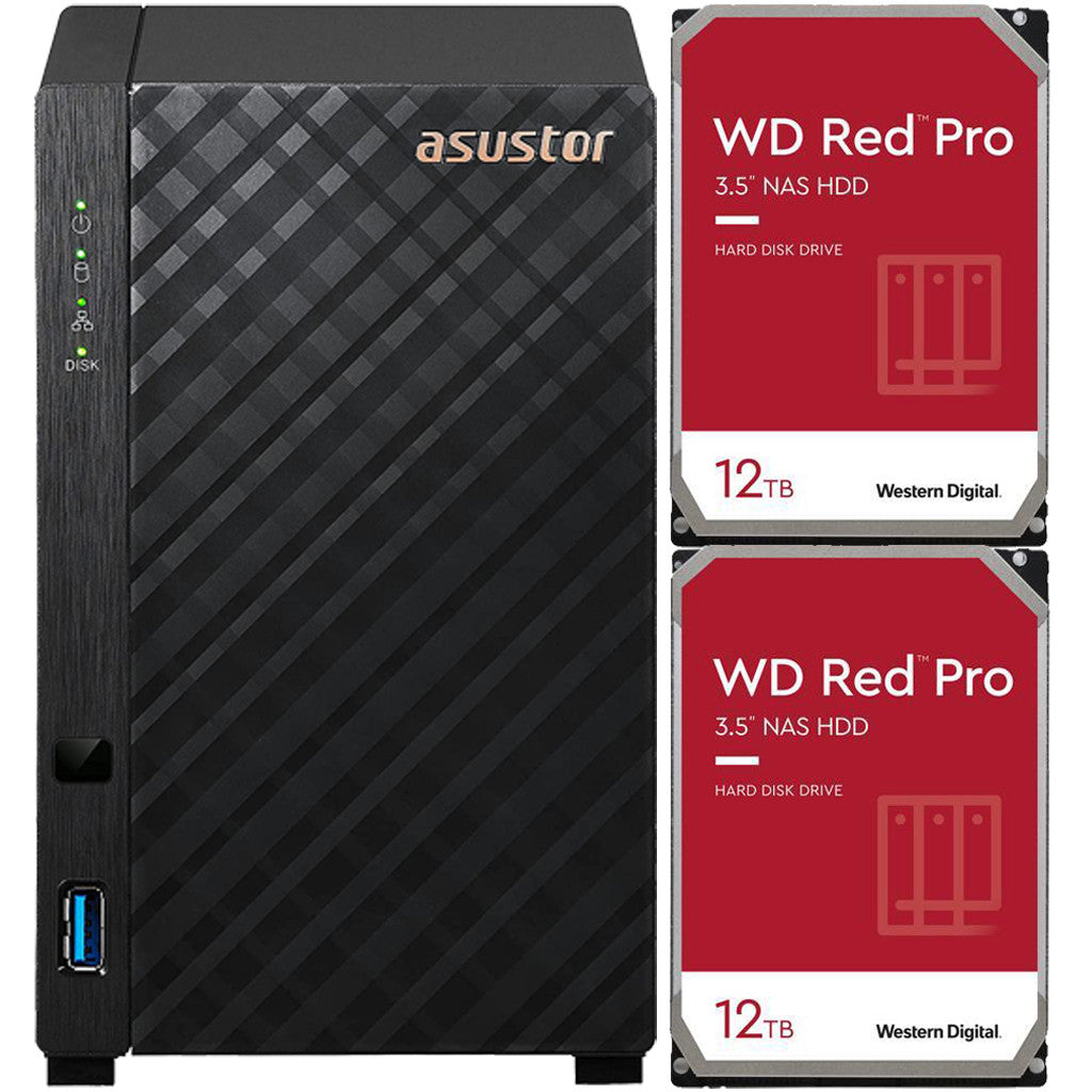 Asustor AS1102T 2-Bay Drivestor 2 NAS with 1GB RAM and 24TB (2x12TB) Western Digital RED PRO Drives