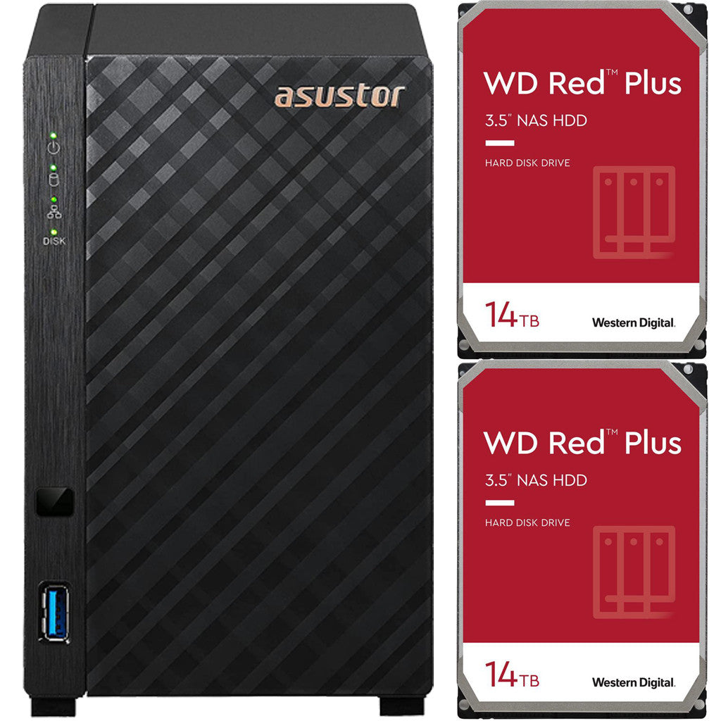 Asustor AS1102T 2-Bay Drivestor 2 NAS with 1GB RAM and 28TB (2x14TB) Western Digital RED Plus Drives