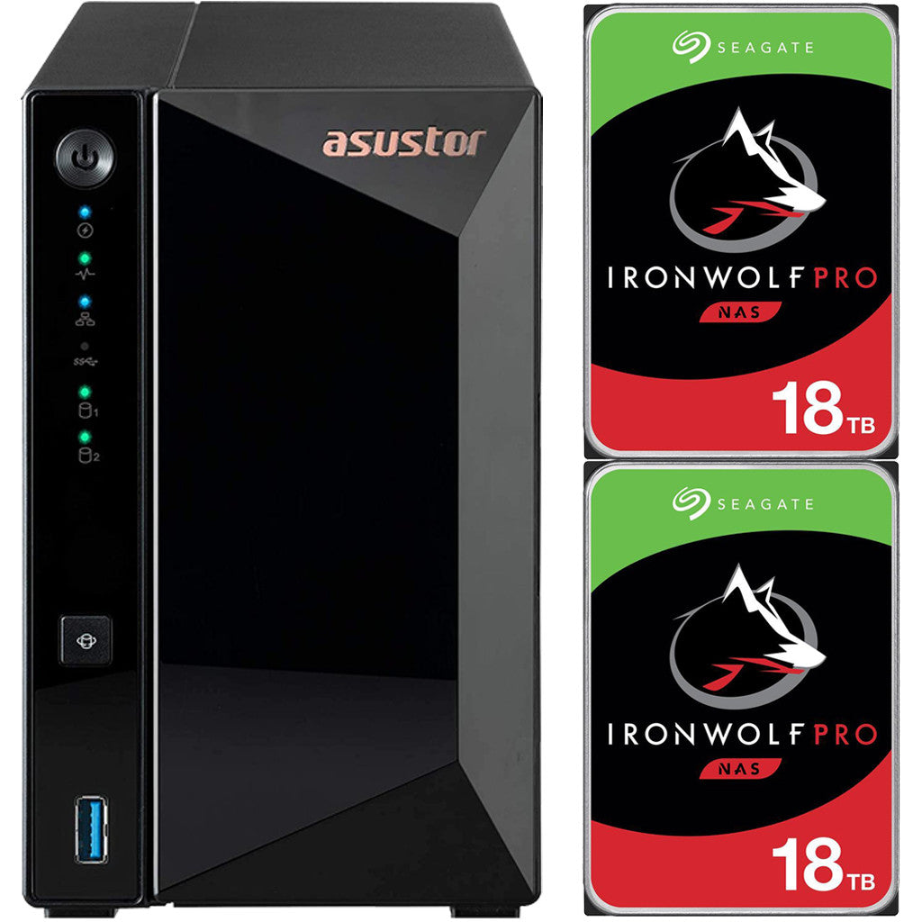 Asustor AS3302T 2-Bay Drivestor 2 PRO NAS with 2GB RAM and 36TB (2x18TB) Seagate Ironwolf PRO Drives Fully Assembled and Tested