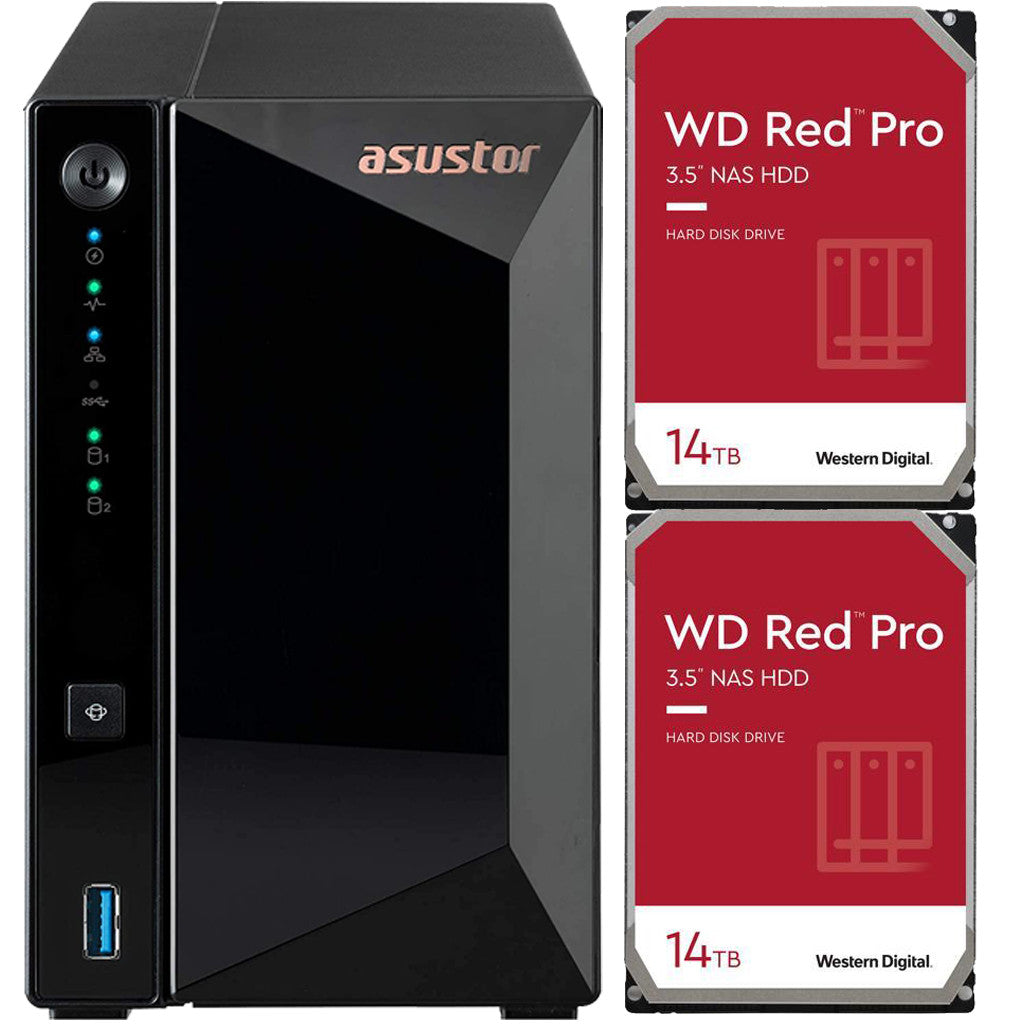 Asustor AS3302T 2-Bay Drivestor 2 PRO NAS with 2GB RAM and 28TB (2x14TB) Western Digital RED PRO Drives Fully Assembled and Tested