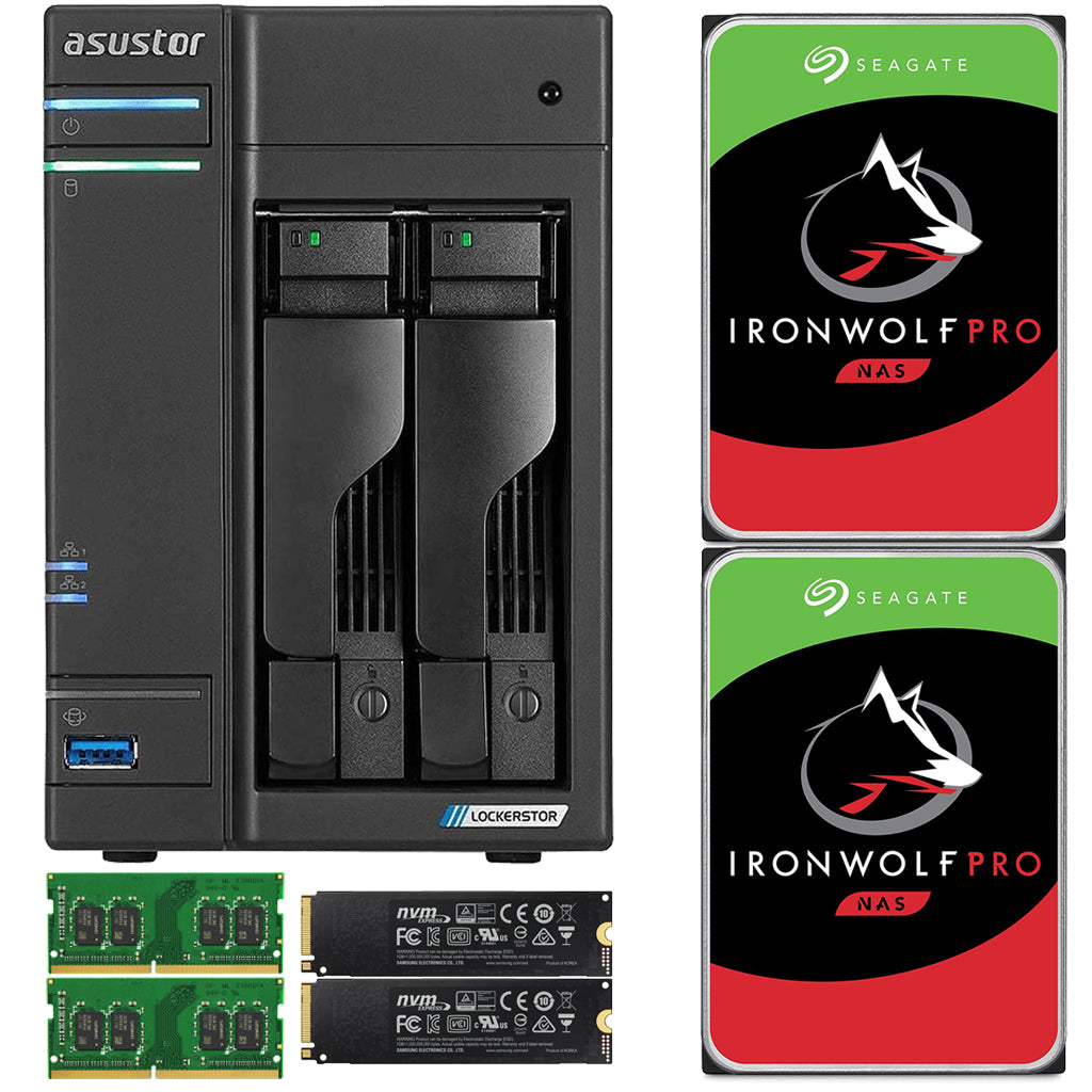 Asustor AS6602T 2-Bay Lockerstor 2 NAS with 8GB RAM 500GB (2 x 250GB) NVME CACHE and 32TB (2x16TB) Seagate Ironwolf PRO Drives