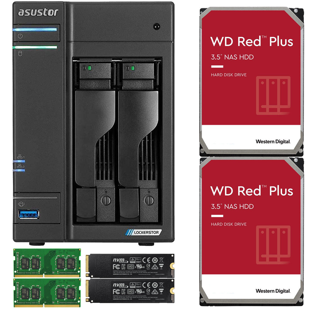 Asustor AS6602T 2-Bay Lockerstor 2 NAS with 8GB RAM 500GB (2 x 250GB) NVME CACHE and 24TB (2x12TB) Western Digital Red NAS Drives