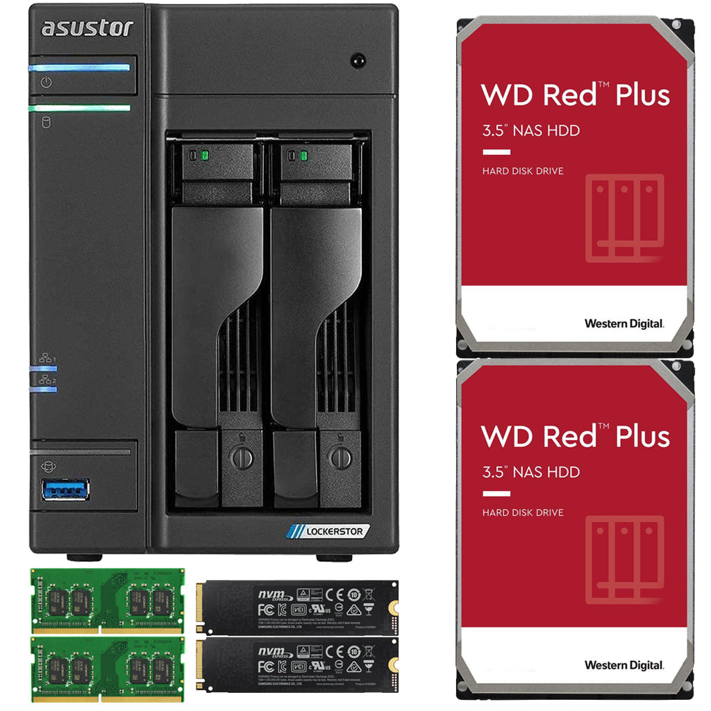 Asustor AS6602T 2-Bay Lockerstor 2 NAS with 8GB RAM 500GB (2 x 250GB) NVME CACHE and 28TB (2x14TB) Western Digital Red NAS Drives