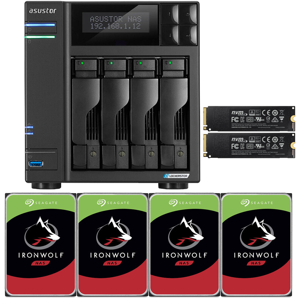 Asustor Lockerstor 4 AS6604T 4-Bay NAS,  4GB RAM, 500GB (2x250GB) NVME Cache and 8TB (4 x 2TB) of Seagate Ironwolf NAS Drives