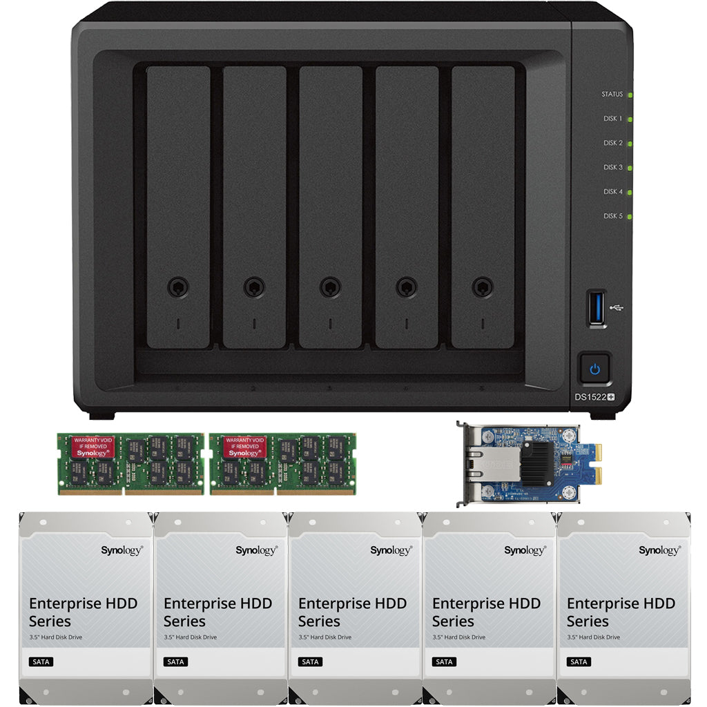Synology DS1522+ 5-BAY DiskStation with 16GB RAM, E10G22-T1-Mini 10GbE Card, and 60TB (5x12TB) Synology Enterprise Drives Fully Assembled and Tested