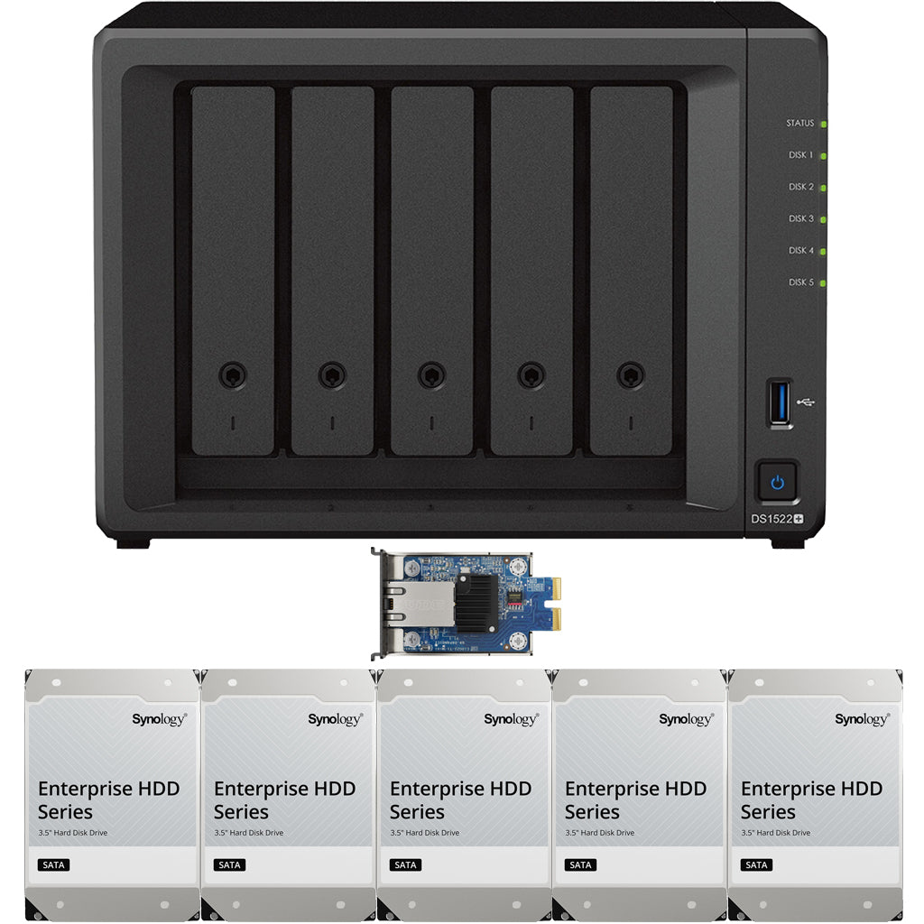 Synology DS1522+ 5-BAY DiskStation with 8GB RAM, E10G22-T1-Mini 10GbE Card, and 90TB (5x18TB) Synology Enterprise Drives Fully Assembled and Tested