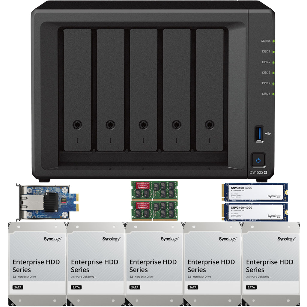 Synology DS1522+ 5-BAY DiskStation with 16GB RAM, E10G22-T1-Mini 10GbE Card, 800GB (2 x 400GB) Cache and 60TB (5x12TB) Synology Enterprise Drives Fully Assembled and Tested