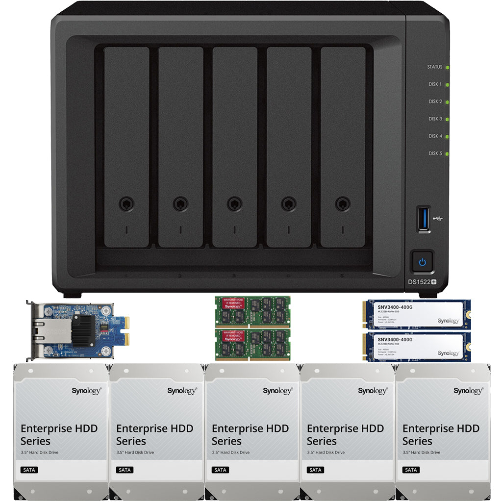 Synology DS1522+ 5-BAY DiskStation with 32GB RAM, E10G22-T1-Mini 10GbE Card, 800GB (2 x 400GB) Cache and 60TB (5x12TB) Synology Enterprise Drives Fully Assembled and Tested