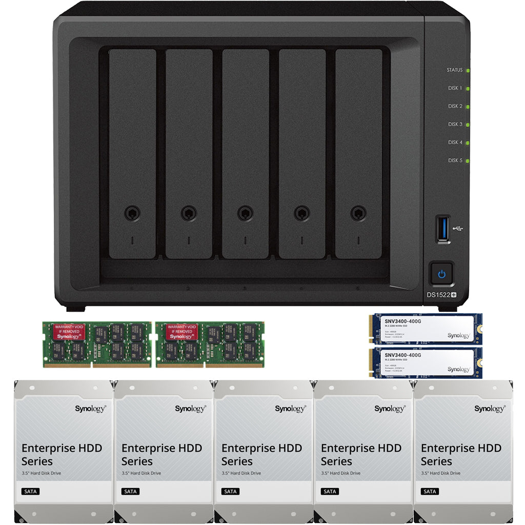 Synology DS1522+ 5-BAY DiskStation with 16GB RAM, 60TB (5x12TB) Synology Enterprise Drives and 800GB (2 x 400GB) Cache Fully Assembled and Tested