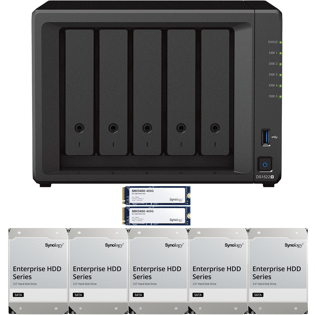 Synology DS1522+ 5-BAY DiskStation with 8GB RAM, 60TB (5x12TB) Synology Enterprise Drives and 800GB (2 x 400GB) Cache Fully Assembled and Tested