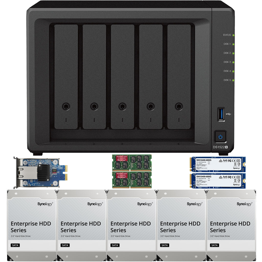 Synology DS1522+ 5-BAY DiskStation with 16GB RAM, E10G22-T1-Mini 10GbE Card, 1.6TB (2 x 800GB) Cache and 60TB (5x12TB) Synology Enterprise Drives Fully Assembled and Tested