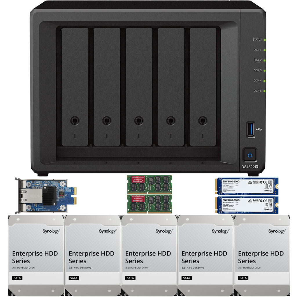 Synology DS1522+ 5-BAY DiskStation with 16GB RAM, E10G22-T1-Mini 10GbE Card, 1.6TB (2 x 800GB) Cache and 40TB (5x8TB) Synology Enterprise Drives Fully Assembled and Tested