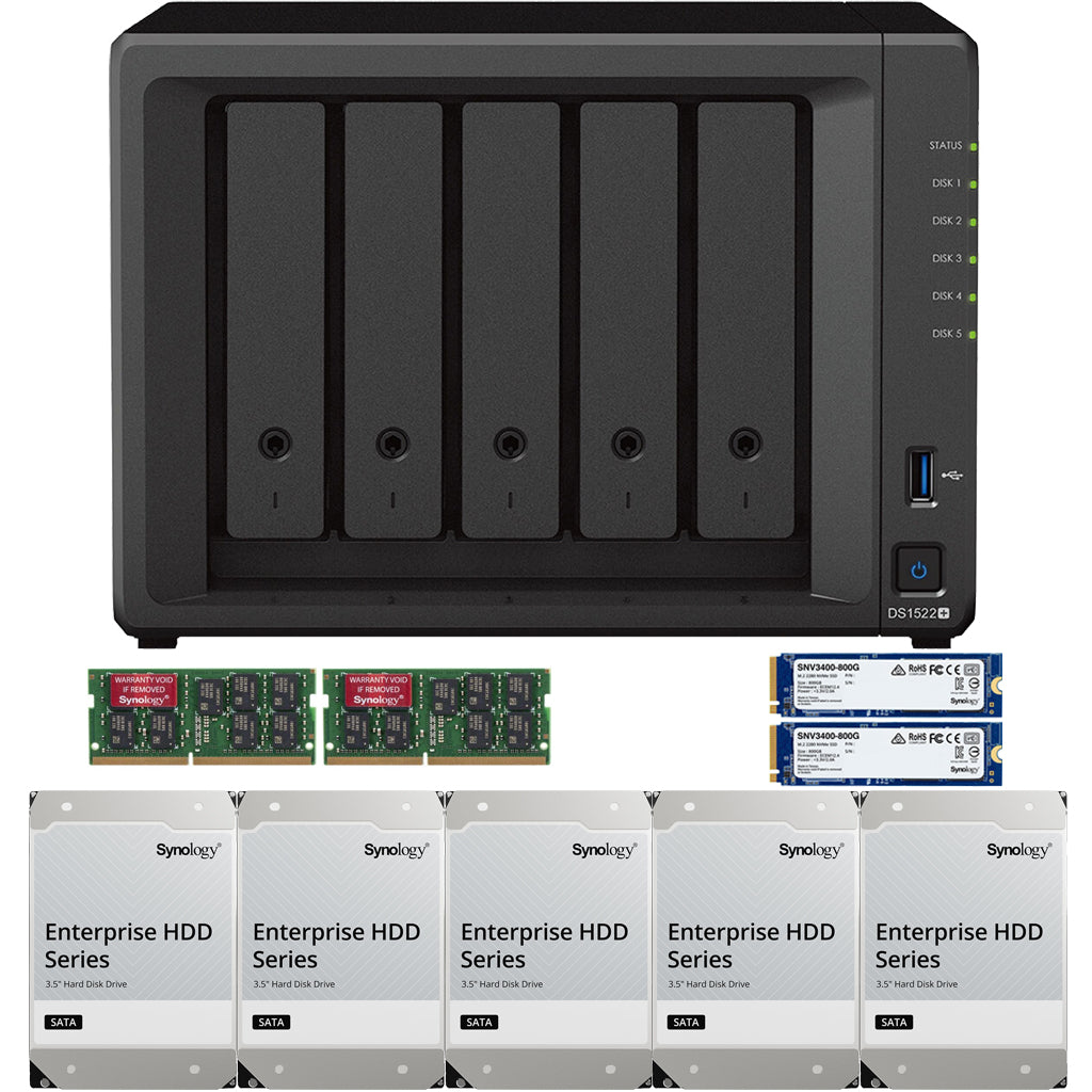Synology DS1522+ 5-BAY DiskStation with 32GB RAM, 40TB (5x8TB) Synology Enterprise Drives and 1.6TB (2 x 800GB) Cache Fully Assembled and Tested