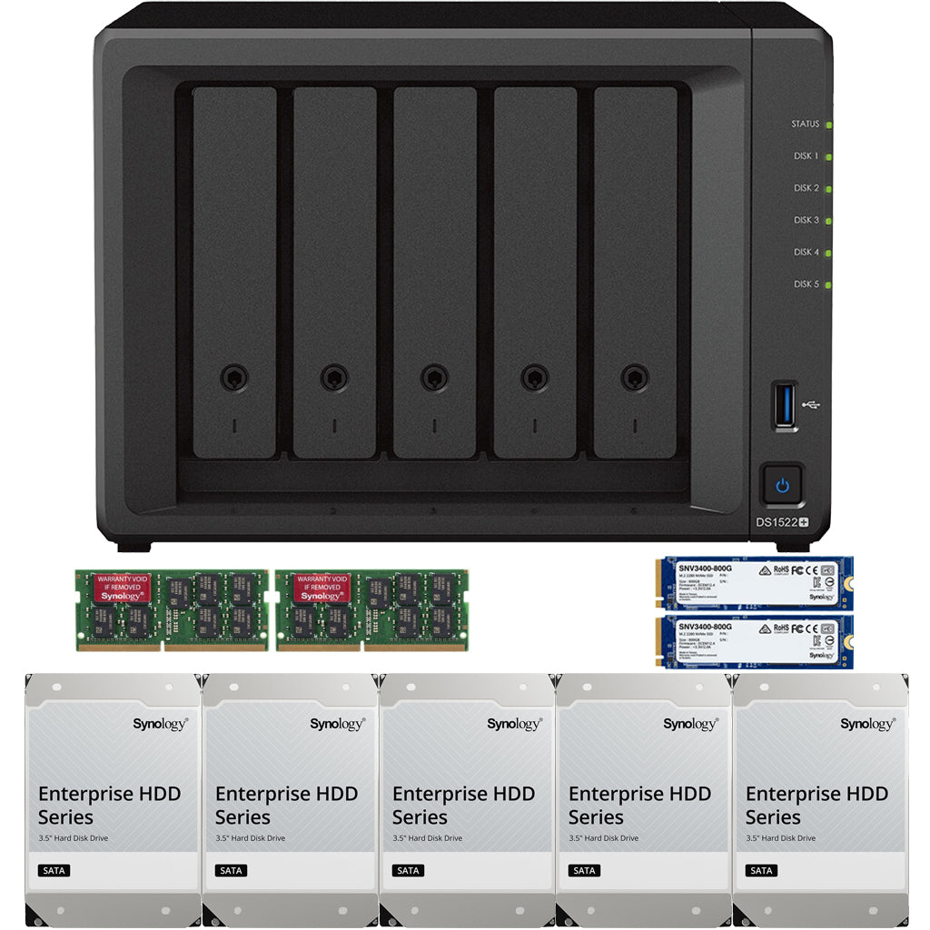 Synology DS1522+ 5-BAY DiskStation with 16GB RAM, 80TB (5x16TB) Synology Enterprise Drives and 1.6TB (2 x 800GB) Cache Fully Assembled and Tested