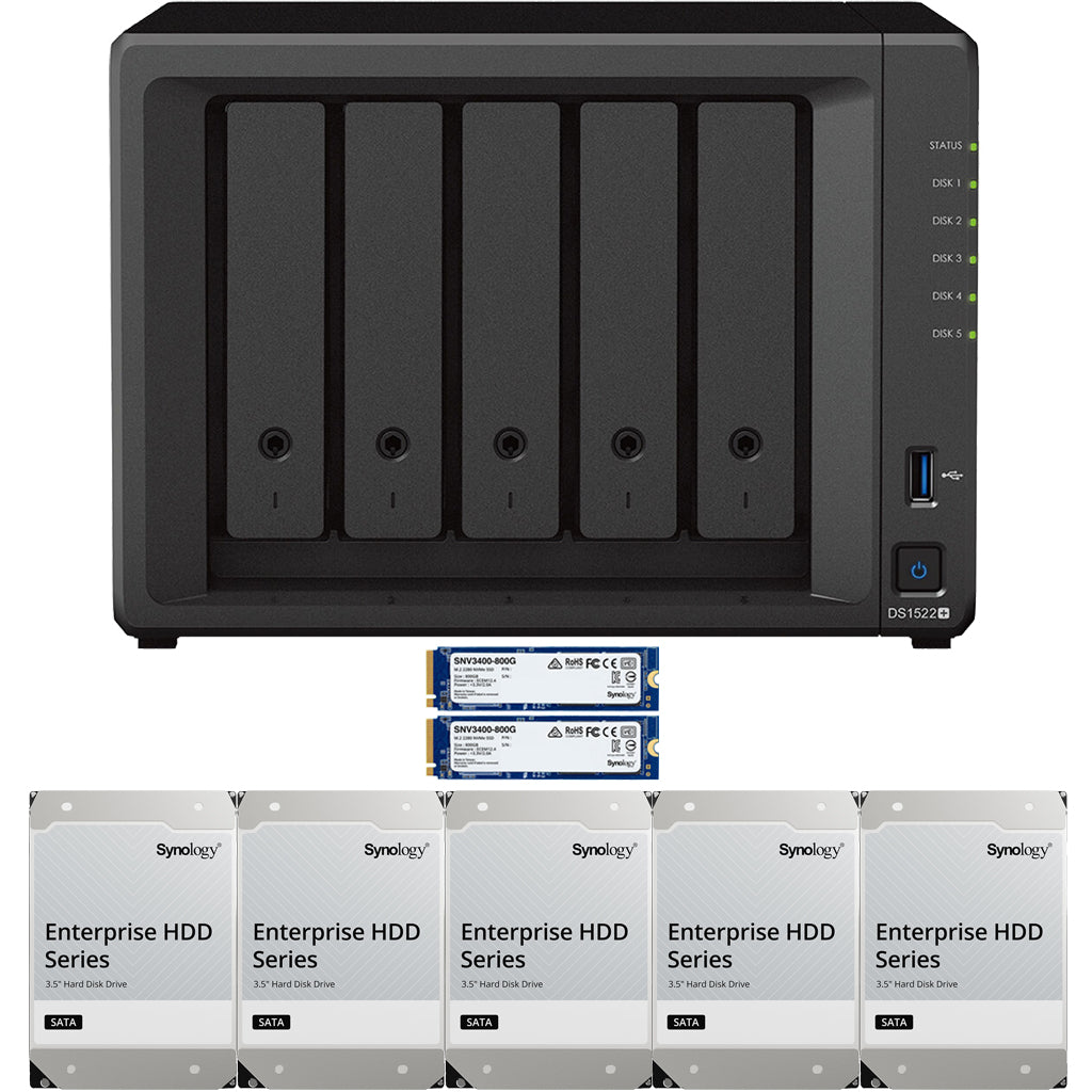 Synology DS1522+ 5-BAY DiskStation with 8GB RAM, 60TB (5x12TB) Synology Enterprise Drives and 1.6TB (2 x 800GB) Cache Fully Assembled and Tested