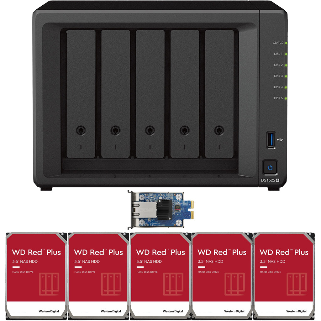 Synology DS1522+ 2.6 to 3.1 GHz Dual-Core 5-Bay NAS, 8GB RAM, 10GbE Adapter, 10TB (5 x 2TB) of Western Digital Red Plus Drives Fully Assembled and Tested