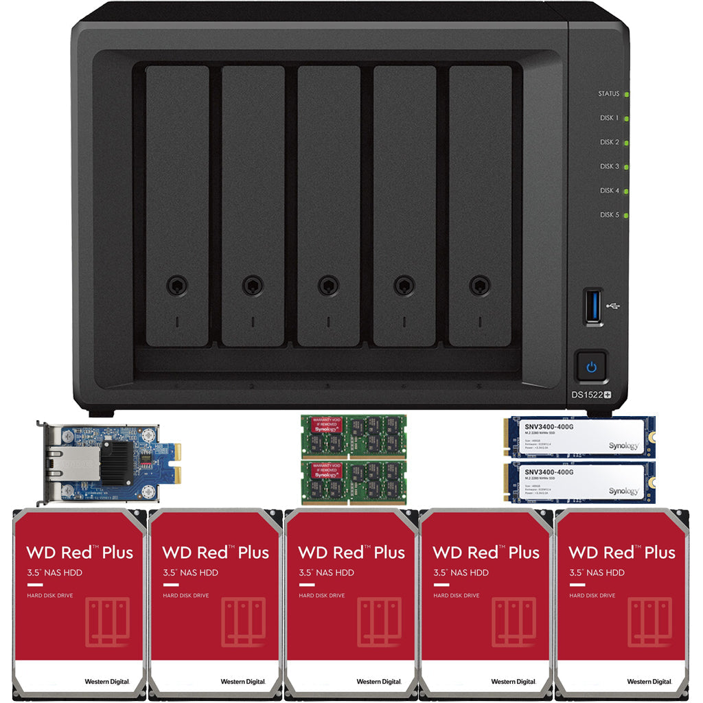 Synology DS1522+ 2.6 to 3.1 GHz Dual-Core 5-Bay NAS, 32GB RAM, 10GbE Adapter, 800GB (2x400GB) Cache, and  60TB (5 x 12TB) of Western Digital Red Plus Drives Fully Assembled and Tested