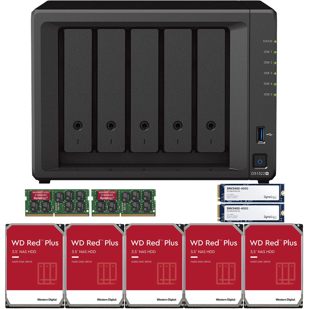 Synology DS1522+ 5-BAY DiskStation with 32GB RAM and 800GB (2x400GB) Cache and 70TB (5x14TB) Western Digital RED Plus Drives Fully Assembled and Tested