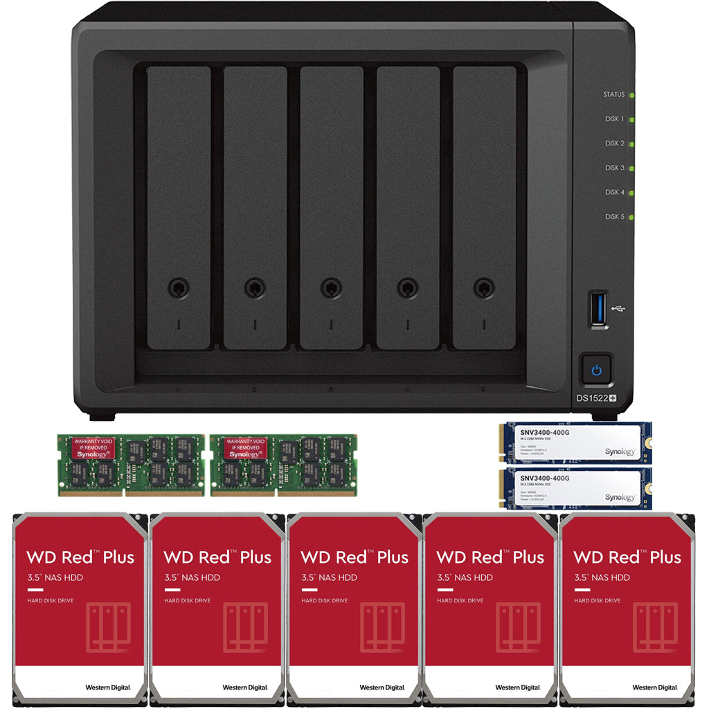 Synology DS1522+ 5-BAY DiskStation with 32GB RAM and 800GB (2x400GB) Cache and 15TB (5x3TB) Western Digital RED Plus Drives Fully Assembled and Tested