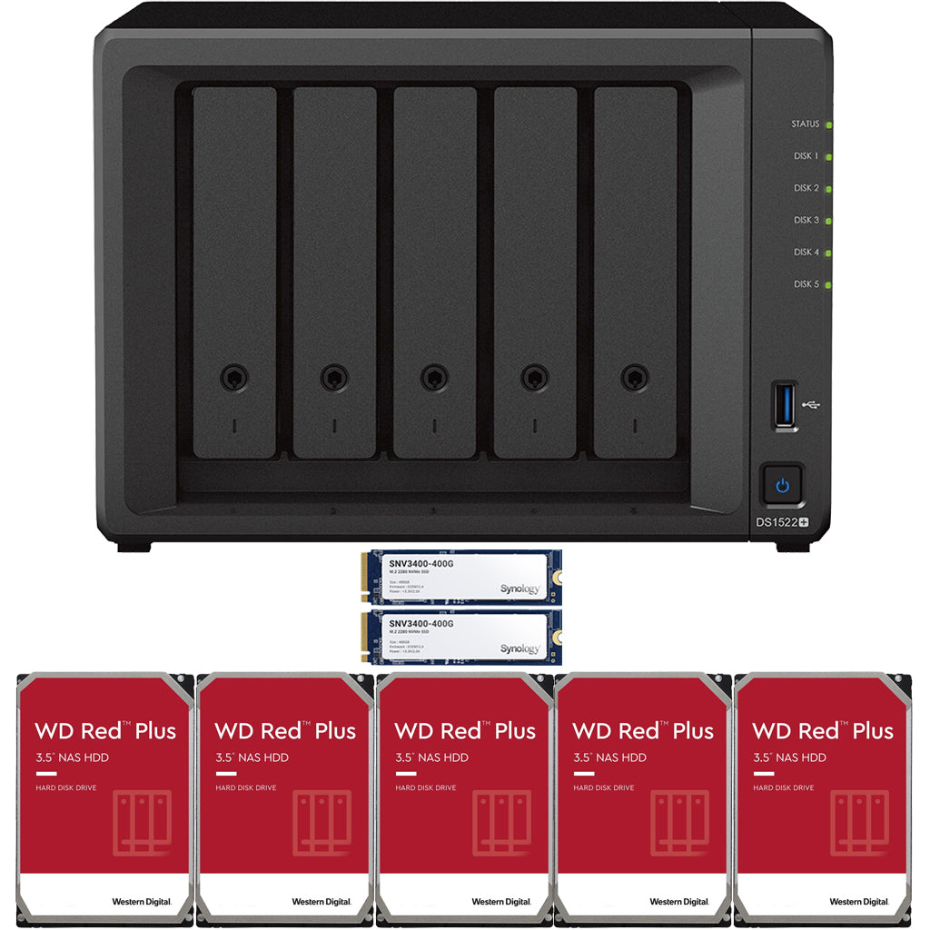 Synology DS1522+ 5-BAY DiskStation with 8GB RAM and 800GB (2x400GB) Cache and 15TB (5x3TB) Western Digital RED Plus Drives Fully Assembled and Tested