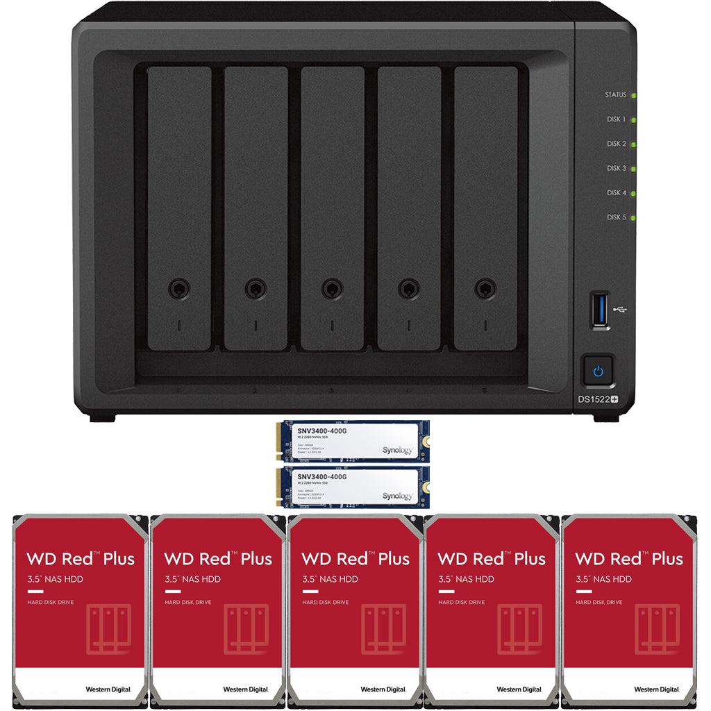 Synology DS1522+ 5-BAY DiskStation with 8GB RAM and 800GB (2x400GB) Cache and 10TB (5x2TB) Western Digital RED Plus Drives Fully Assembled and Tested