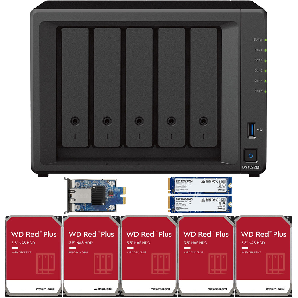 Synology DS1522+ 2.6 to 3.1 GHz Dual-Core 5-Bay NAS, 8GB RAM, 10GbE Adapter, 1.6TB (2x800GB) Cache, and  10TB (5 x 2TB) of Western Digital Red Plus Drives Fully Assembled and Tested