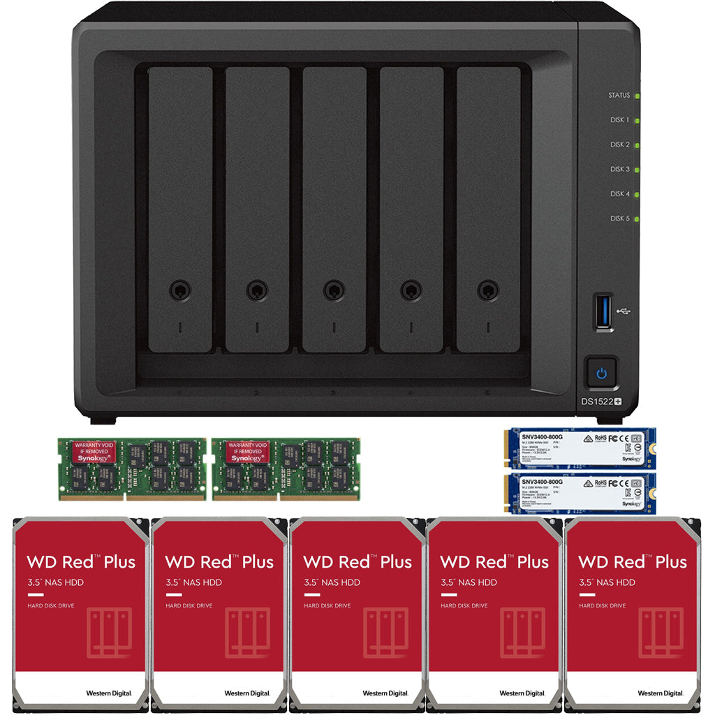 Synology DS1522+ 5-BAY DiskStation with 32GB RAM and 1.6TB (2x800GB) Cache and 20TB (5x4TB) Western Digital RED Plus Drives Fully Assembled and Tested